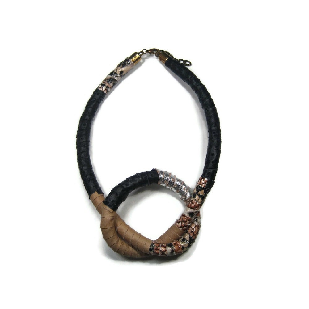 Leather jewelry neo tribal knot necklace in black and beige statement necklace