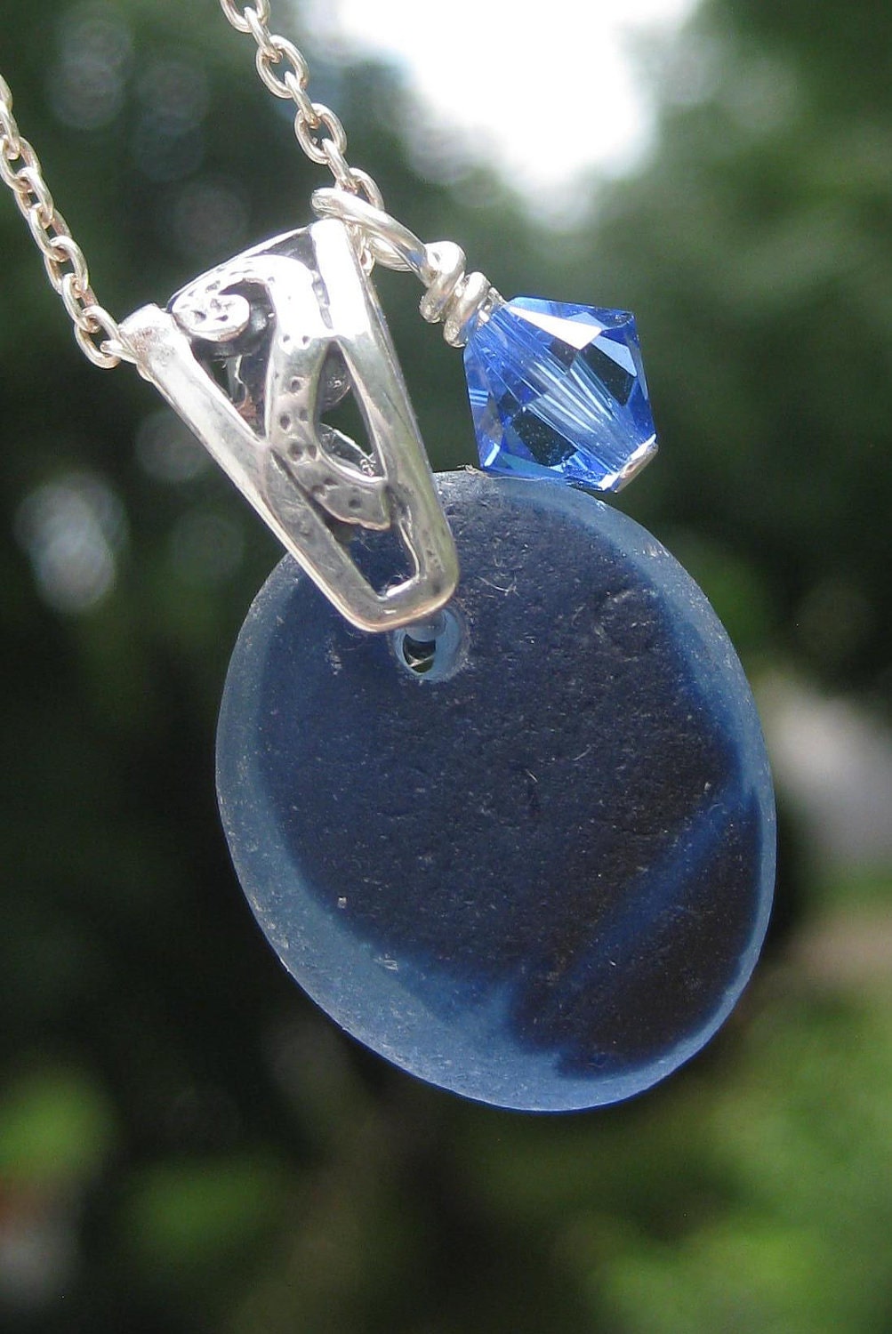 Sea Glass Necklace- A Collection of Blues Multi Seaglass -  Sterling Bail Pendant