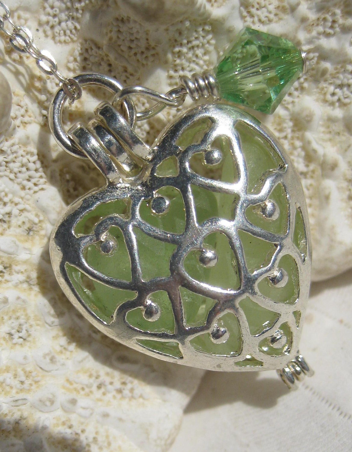 Sea Glass Necklace Pendant - Heart Locket - Pastel Green Seaglass