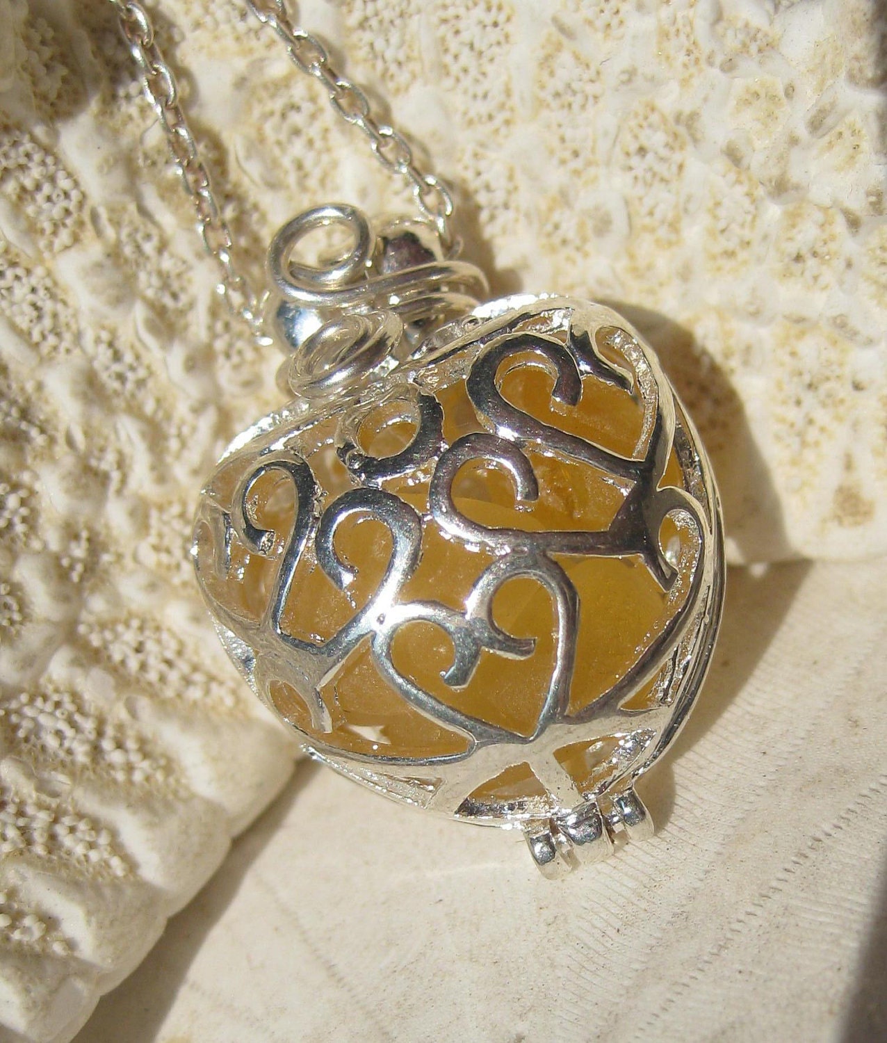 Sea Glass Necklace Pendant- Mermaids Tears Heart Locket- Rare Gold Sea Glass