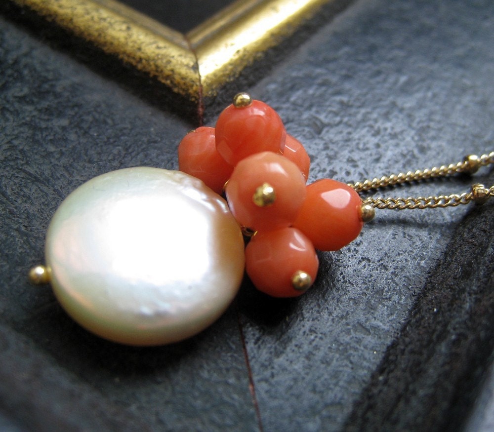 Pink Coral and Pearl Necklace, bridesmaid coral necklace, wedding party jewelry