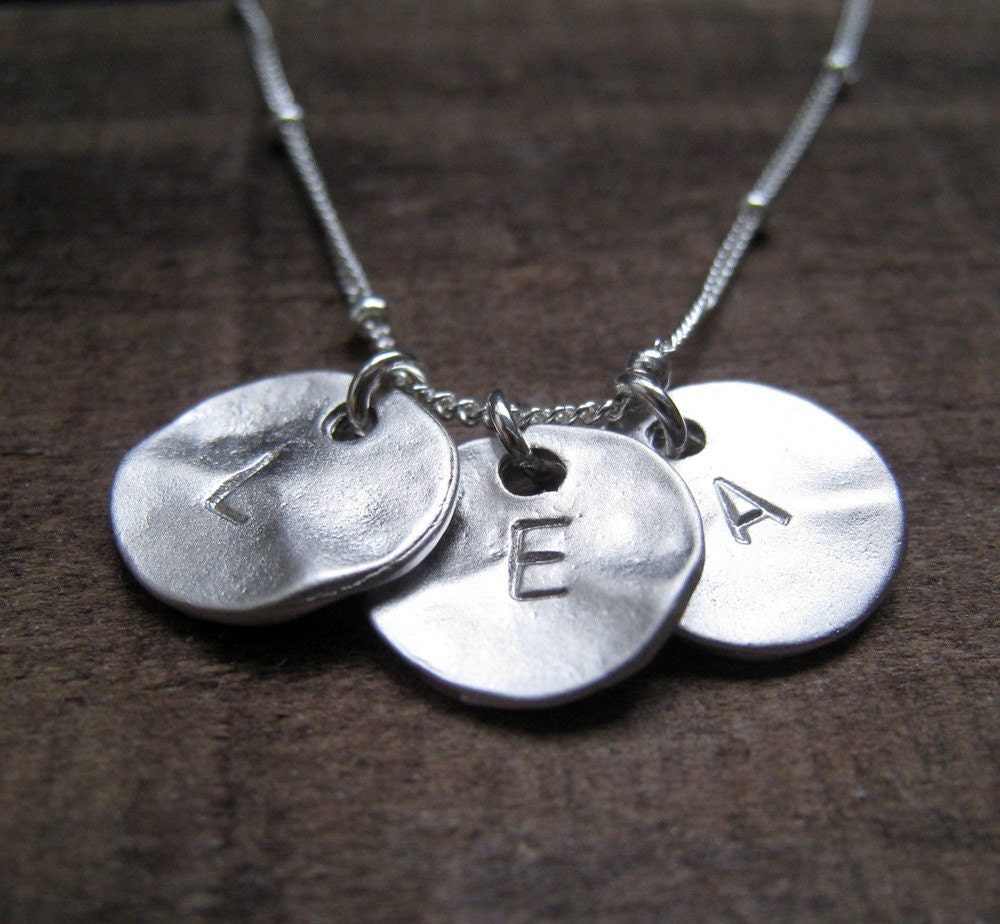 Three initial necklace, silver disc, sterling silver satellite chain, Personalized necklace gift