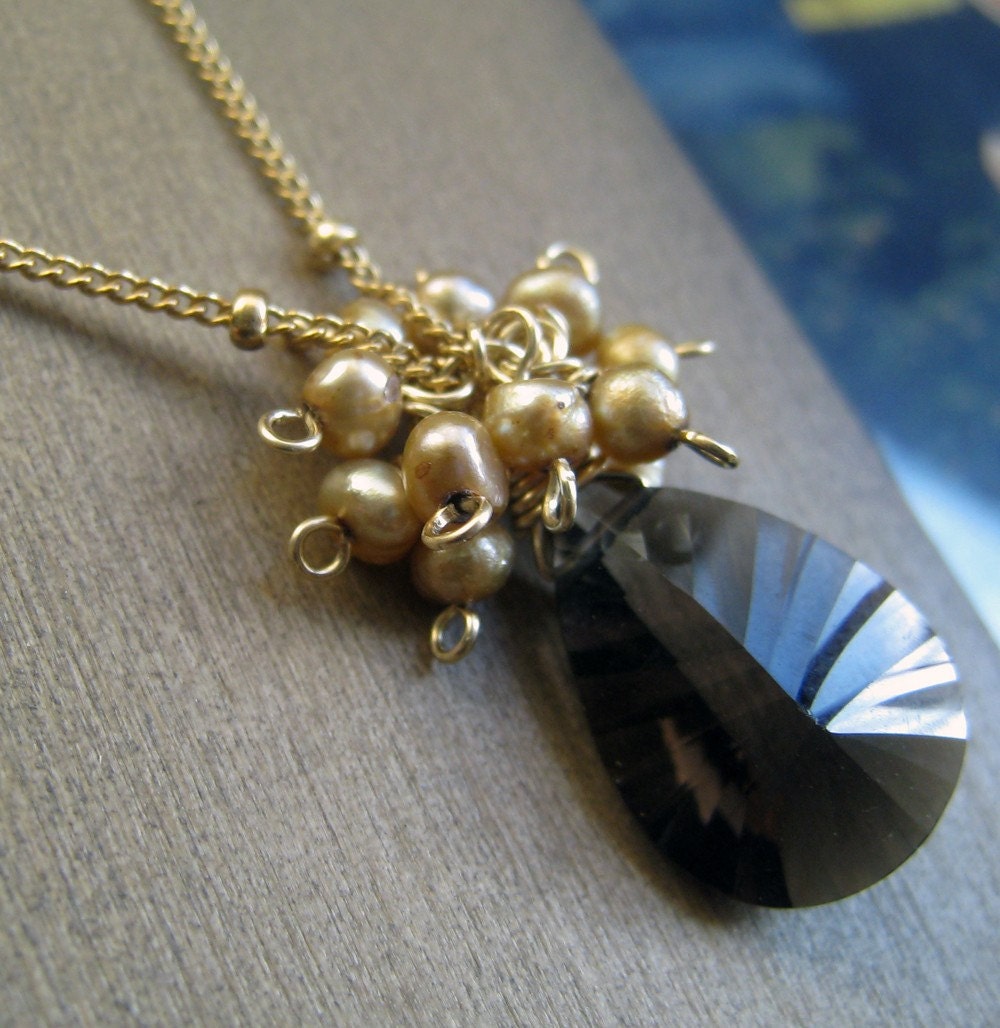 Smokey quartz and champagne fresh water pearls Necklace, 14k gold filled