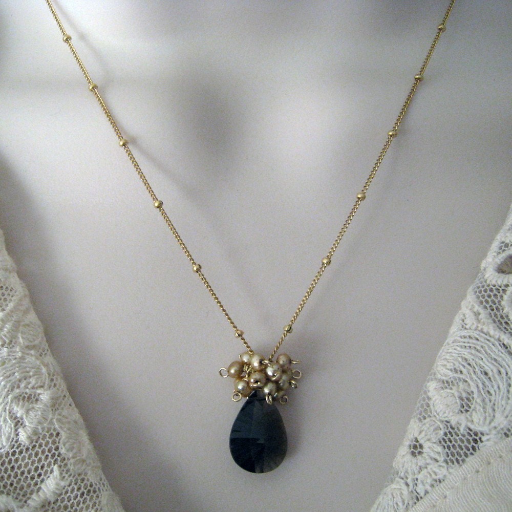 Smokey quartz and champagne fresh water pearls Necklace, 14k gold filled