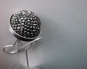 Dangle earrings with gray beaded half spheres sterling silver bezel settings  and hooks