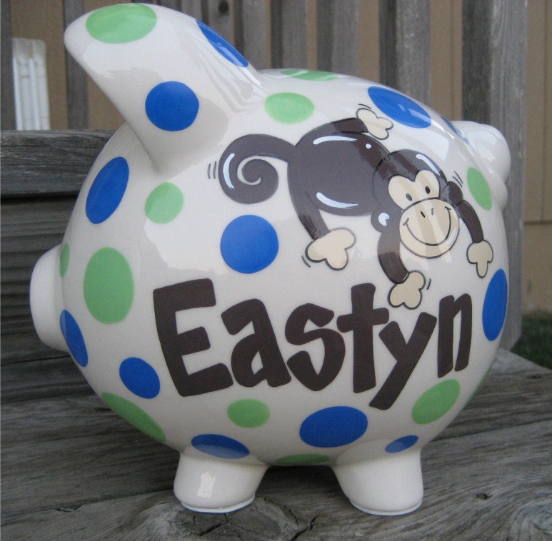 Monkey and Polka Dots Personalized Piggy Bank-Large