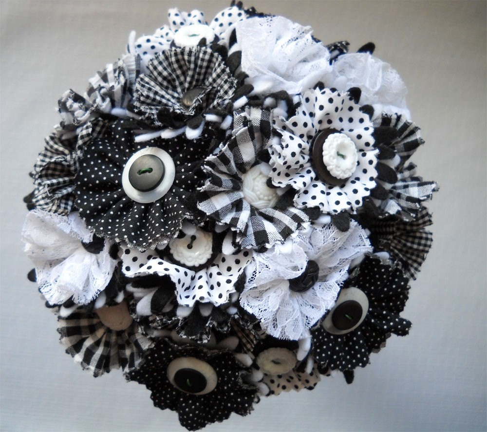 Black and White Button Lace Fabric Wedding Bride Bouquet Centerpiece