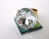 Vintage Cocktail Ring Crystal Diamond Rhinestone Gold Statement Adjustable