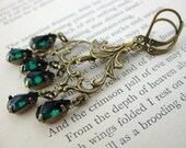 Vintage Rhinestone Earrings. Emerald Chandelier, Baroque Filigree, Antiqued Brass