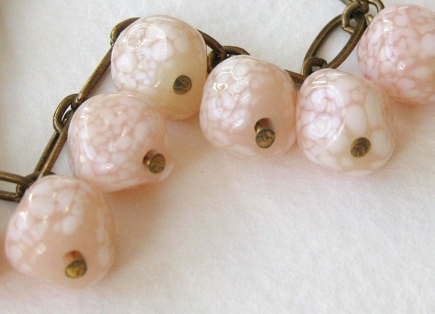 Peaches and Cream. Vintage Charm Bracelet, Glass Beads, Antiqued Brass
