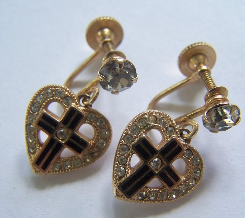 Vintage rhinestone heart earrings cross gold crucifix hears
