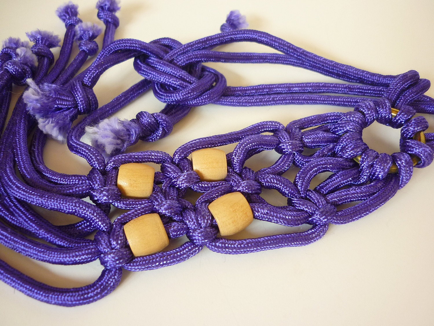 Hippie Macrame Necklace NOS purple w wood beads GROOVY