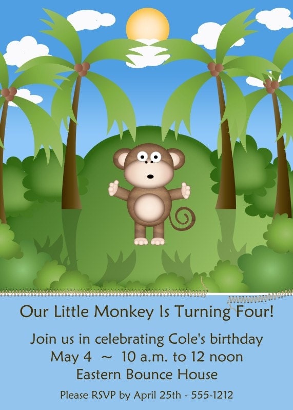 Birthday Party Invitation, Monkey (boy) - CUSTOM for YOU - 4x6 or 5x7 size