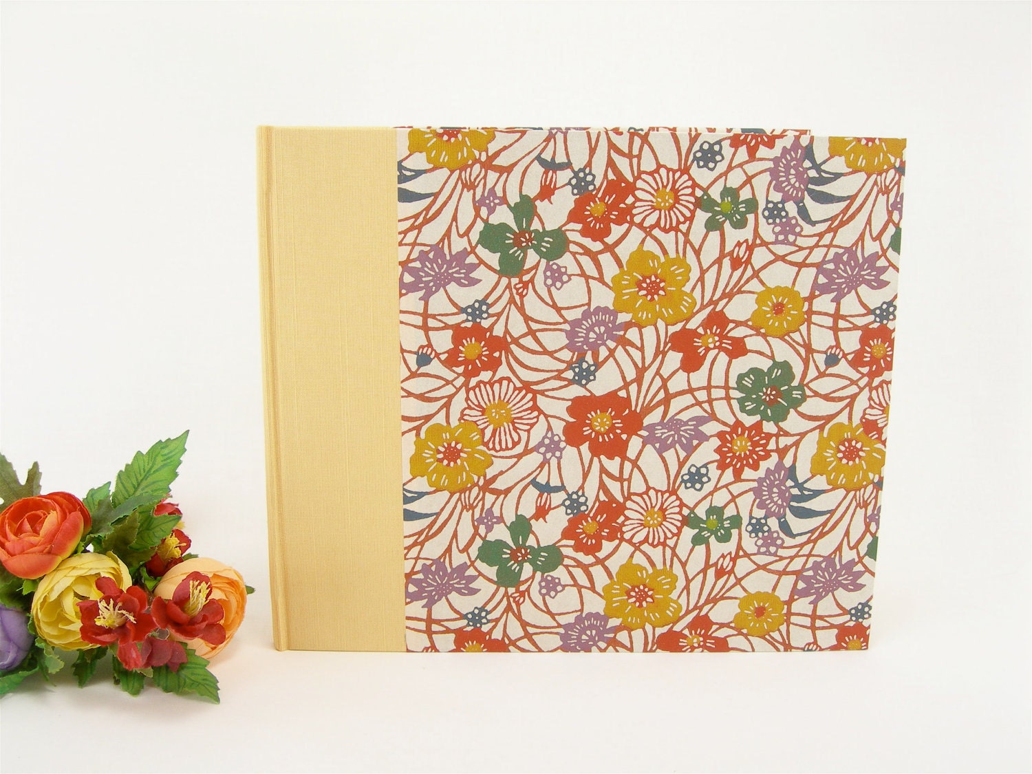 Wedding guest book lined (8x9) yellow with wildflowers Japanese katazome paper