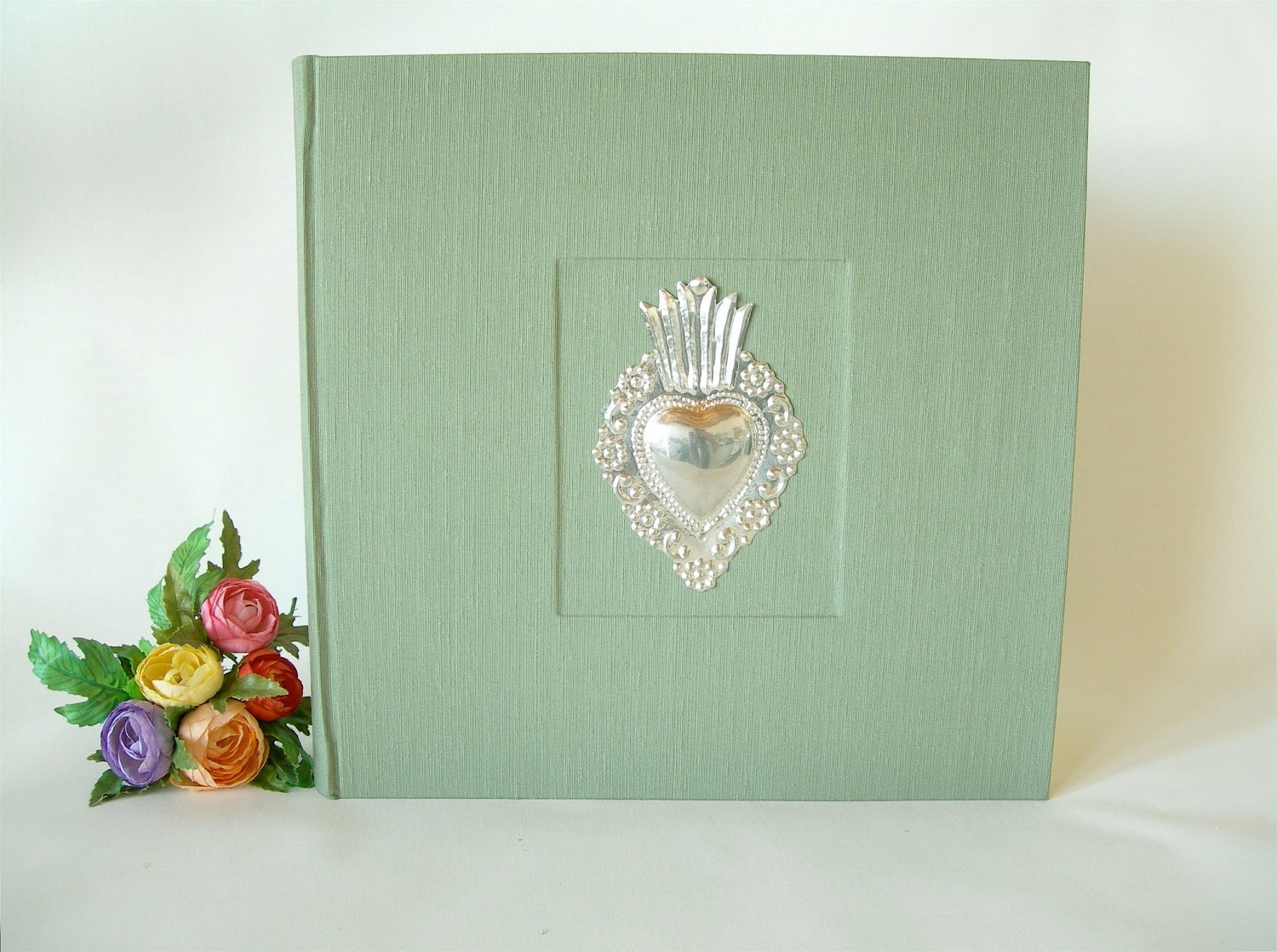 Photo Album (12x12) Silver-plated heart milagro sage