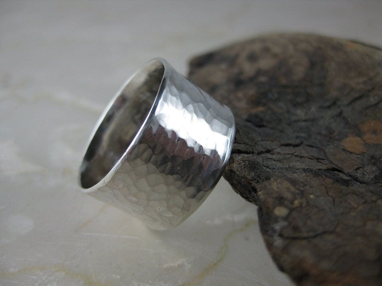 Hammered Silver Wide Band Ring