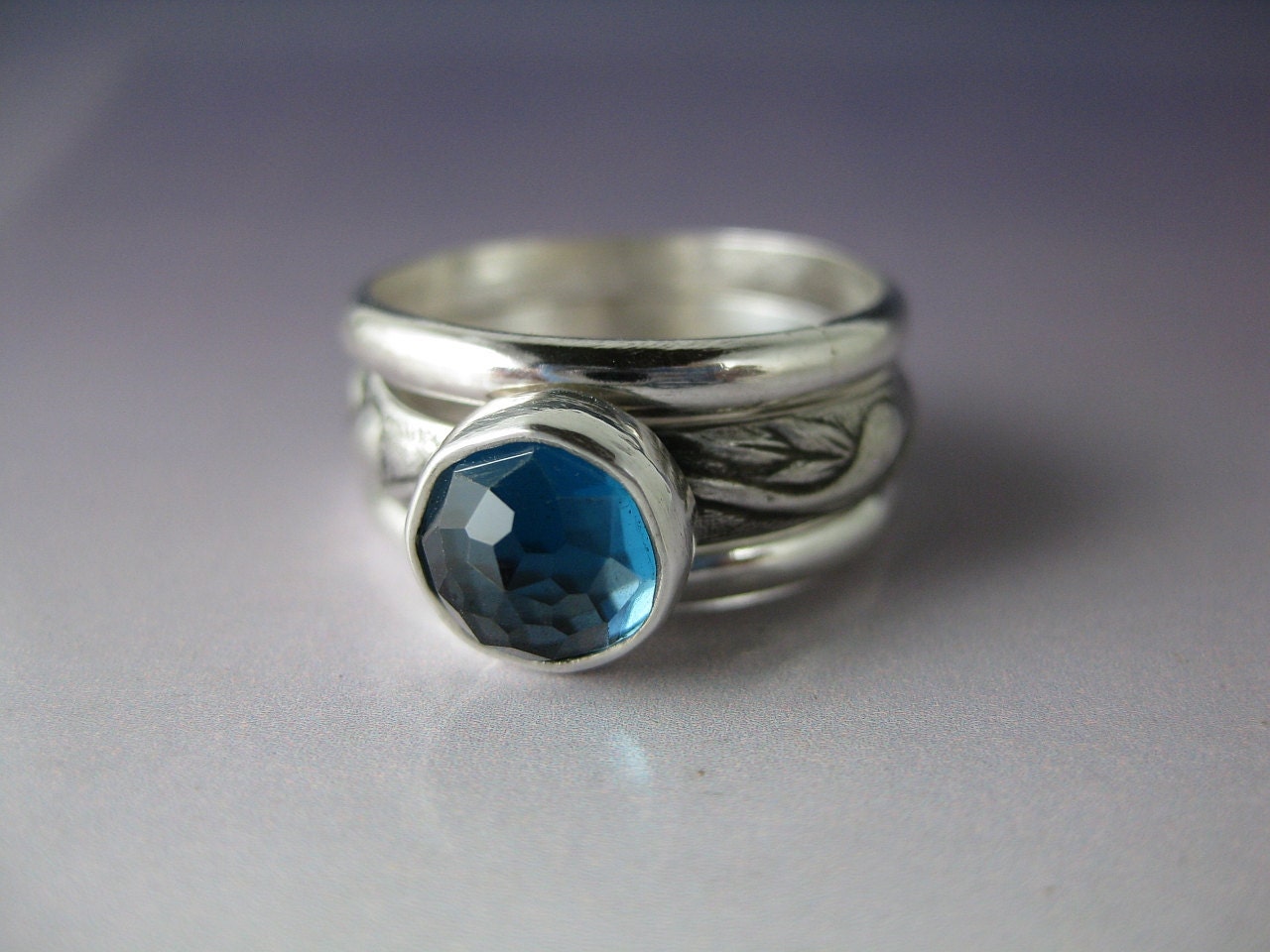 Silver Stacking Rings with Faceted London Blue Topaz