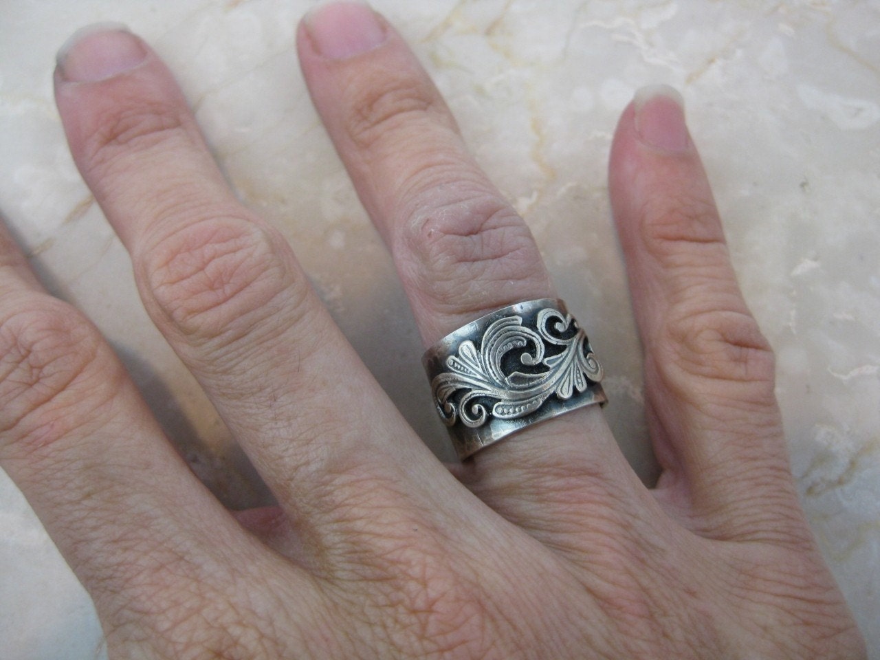 Ring - Wide Silver Hammered Band with Silver Filigree Design