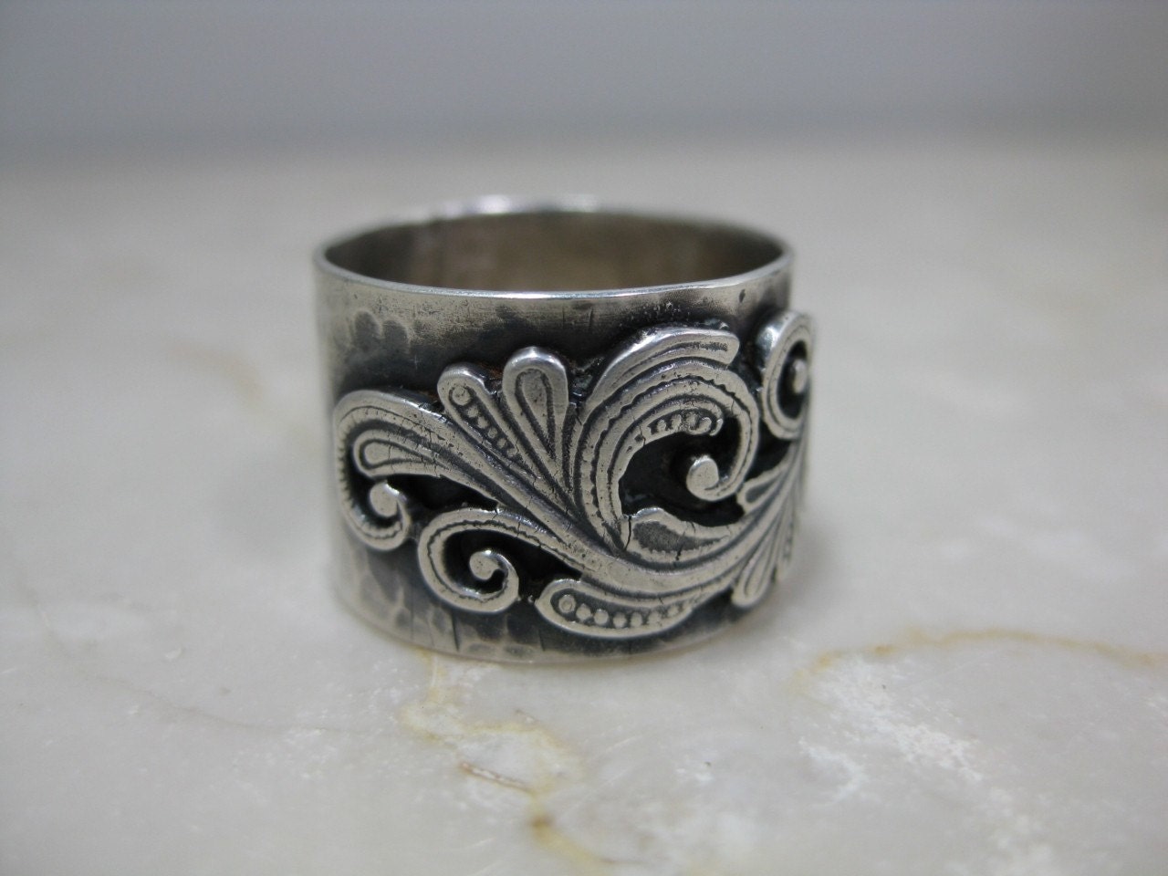Ring - Wide Silver Hammered Band with Silver Filigree Design