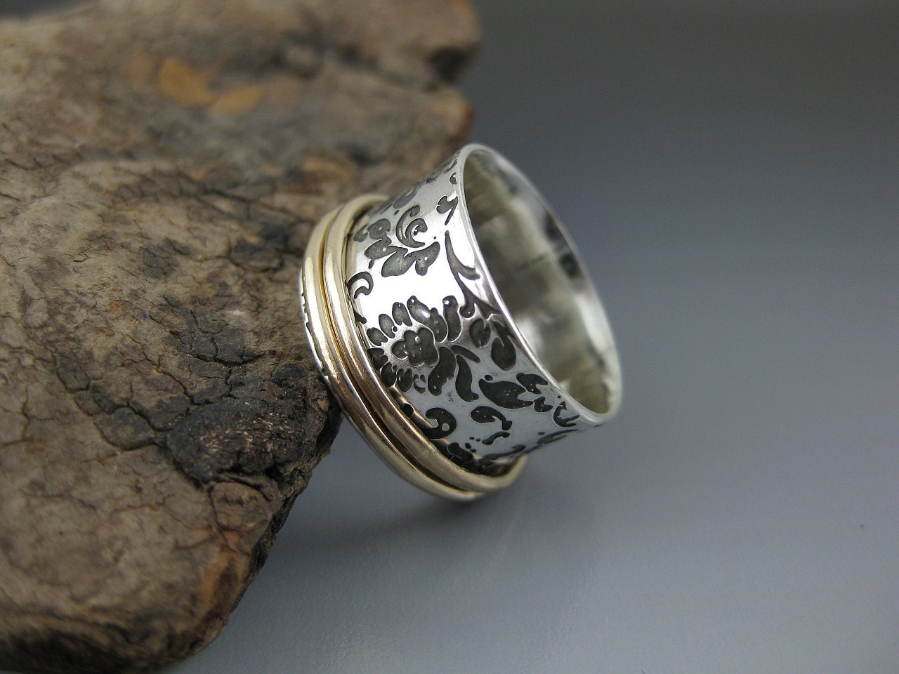 Etched Silver Spinner Ring with two 14K Gold-Filled Spinners