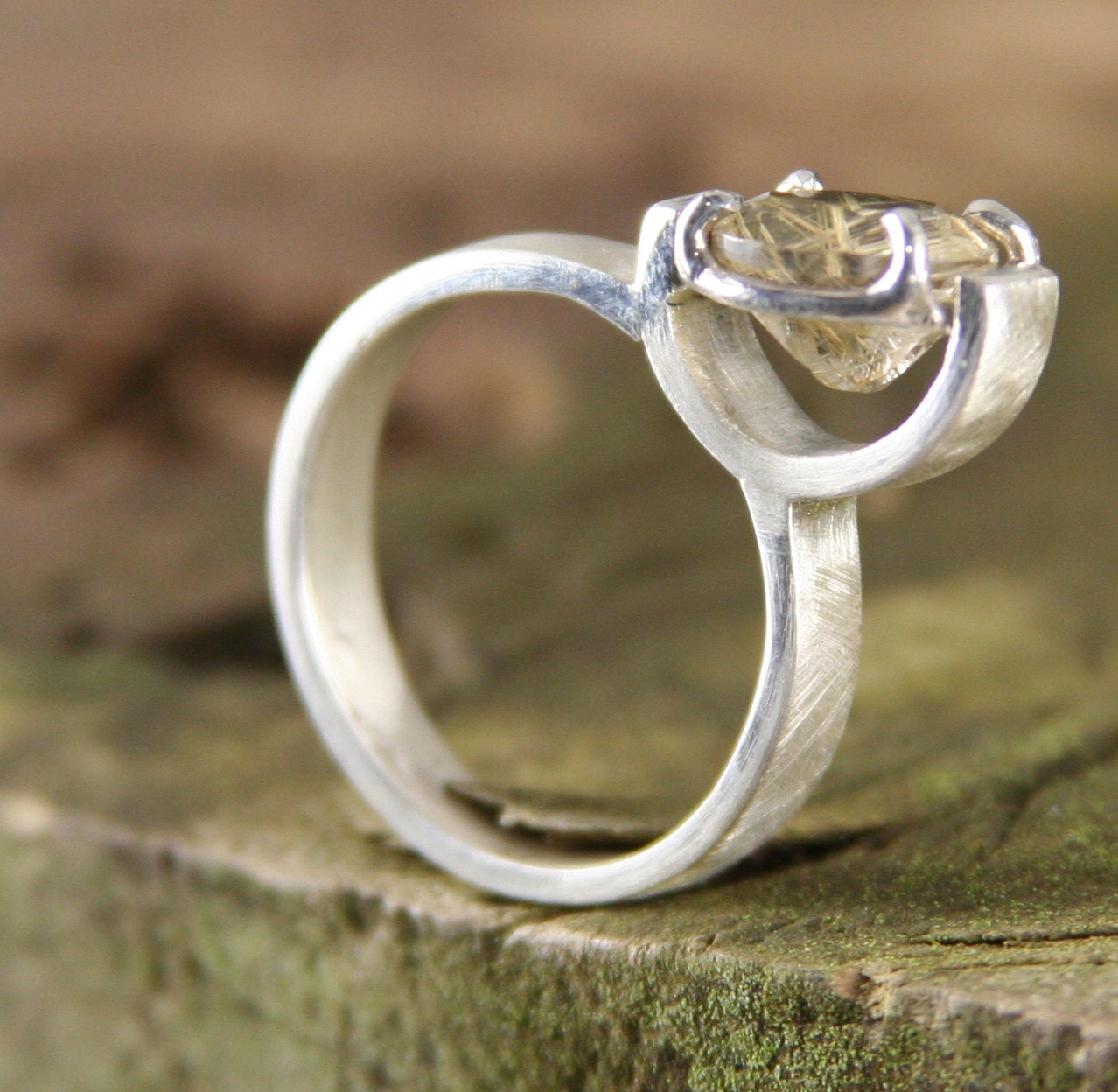 Rutilated Quartz Engagement Ring Solitaire Modern Recycled Sterling Silver