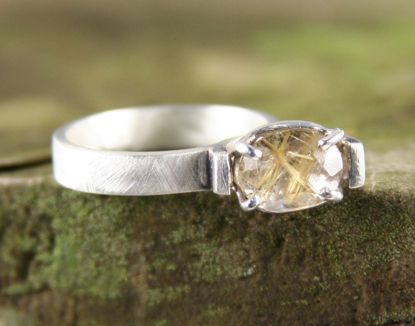 Rutilated Quartz Engagement Ring Solitaire Modern Recycled Sterling Silver