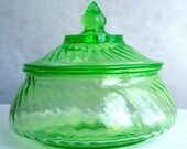 Antique Green Vaseline Depression Glass Candy Dish With Lid - Circa 1920s