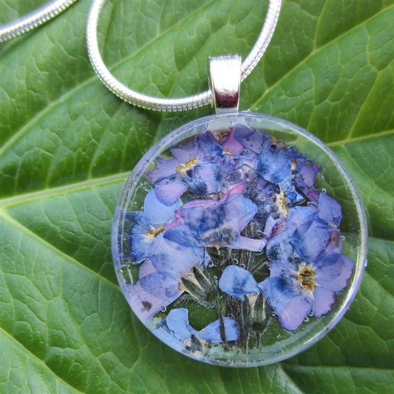 Forget  Me Not Pendant/Necklace. Real  Dried pressed flowers behind hand cut  glass.
