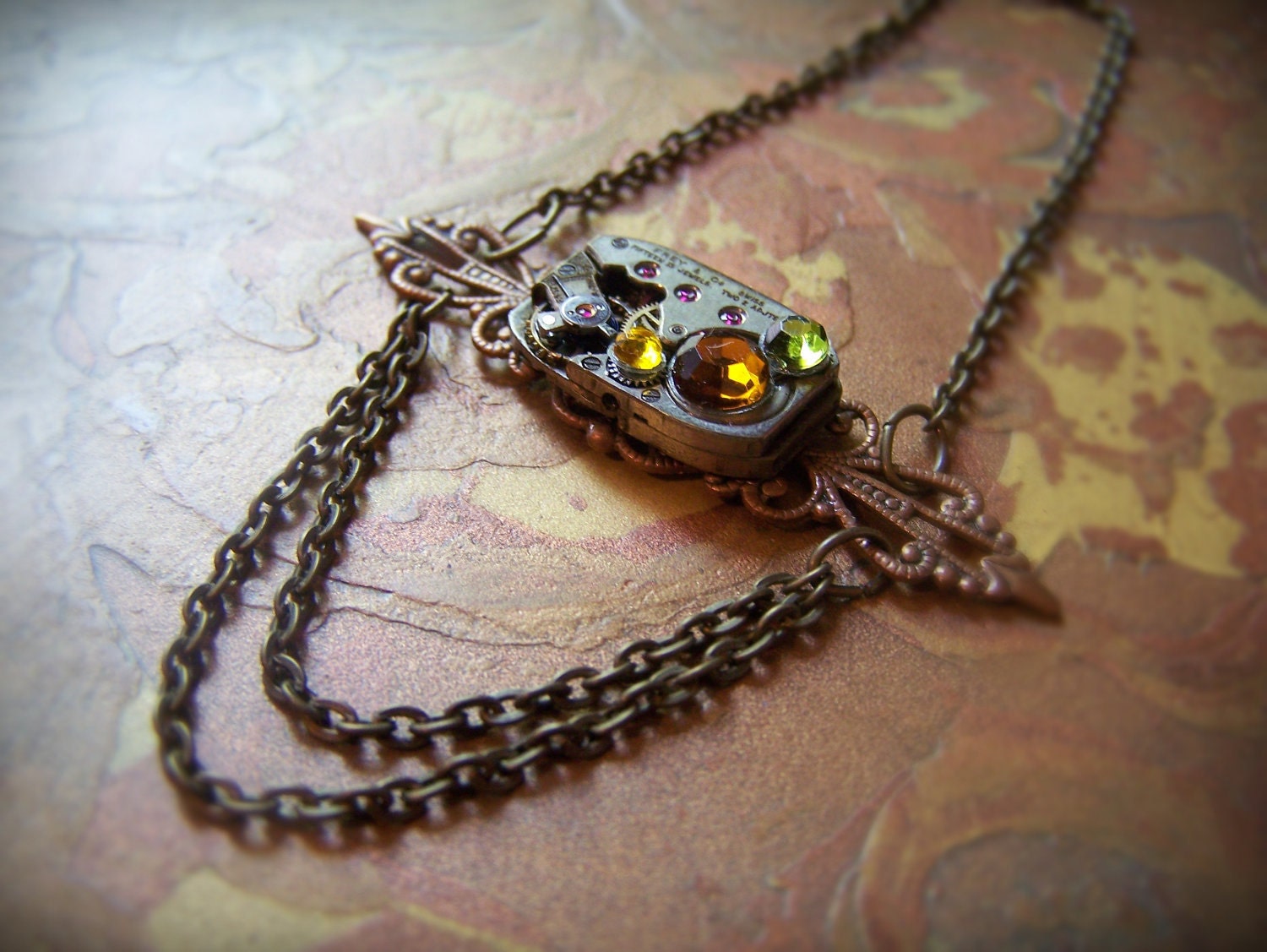 Steampunk Jewelry Clockworks Necklace Vintage Watch Movement Brass Copper
