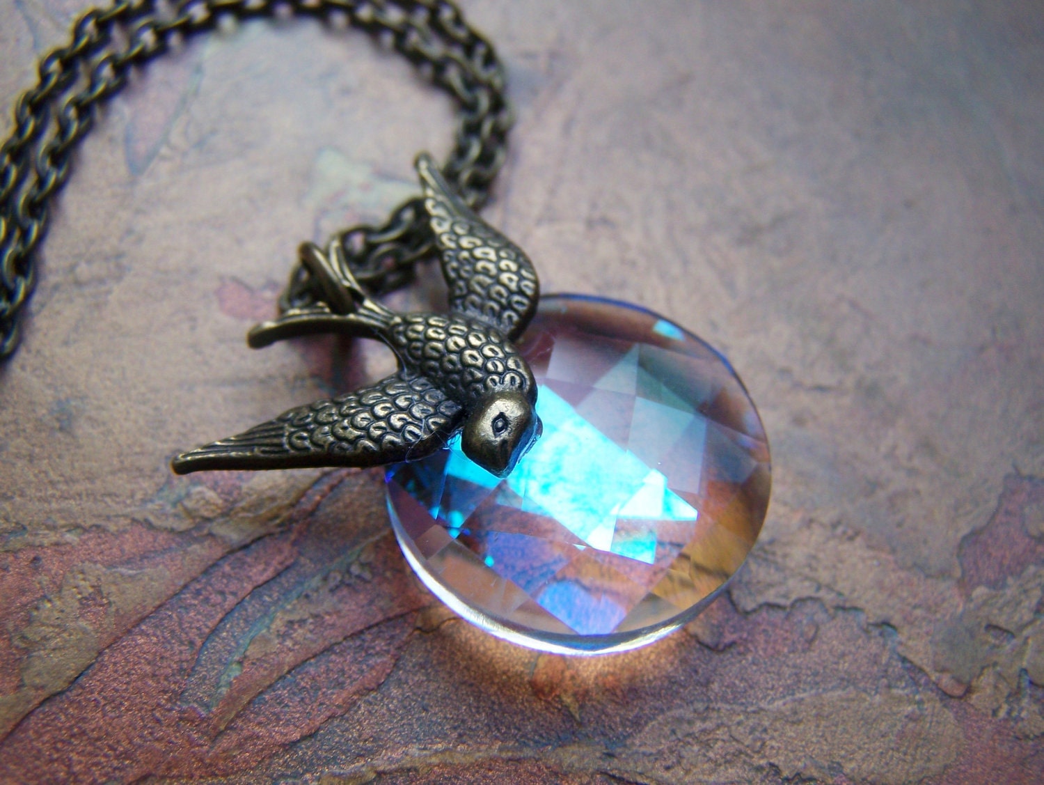 Crystal Necklace Brass Swallow Bird
