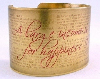 Jane Austen Jewelry Literary Quote Brass Cuff Bracelet Mansfield Park 'A Large Income'