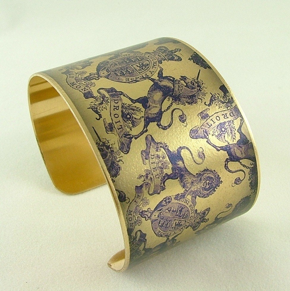 Heraldic Coat of Arms Historical Brass Cuff Bracelet - Royal Victoriana Toile de Jouy in Violet