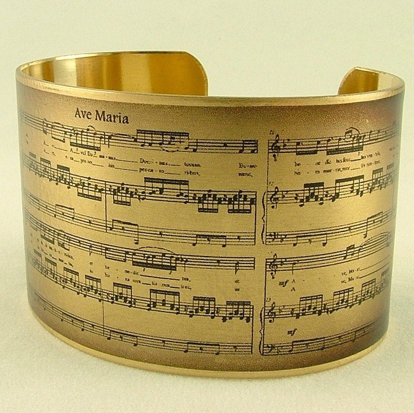 Sheet Music Art Jewelry - Schubert's Ave Maria Musical Handmade Brass Cuff Bracelet