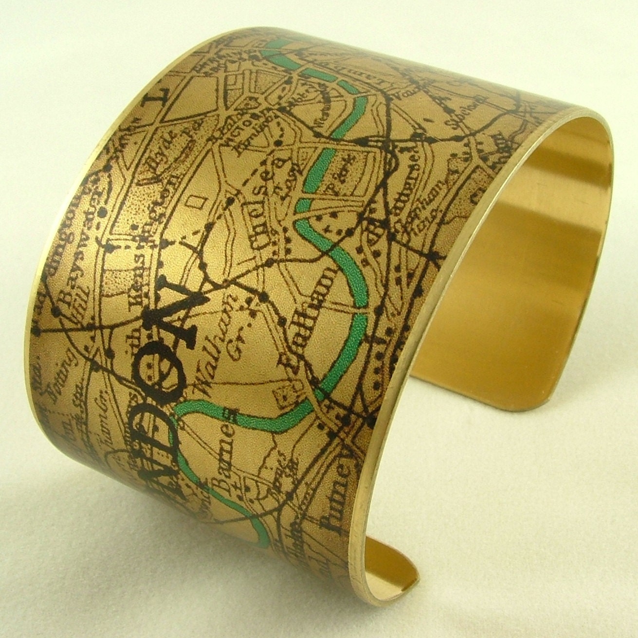 Vintage London Map with the River Thames Brass Cuff Bracelet - Map Jewelry - London Olympics 2012