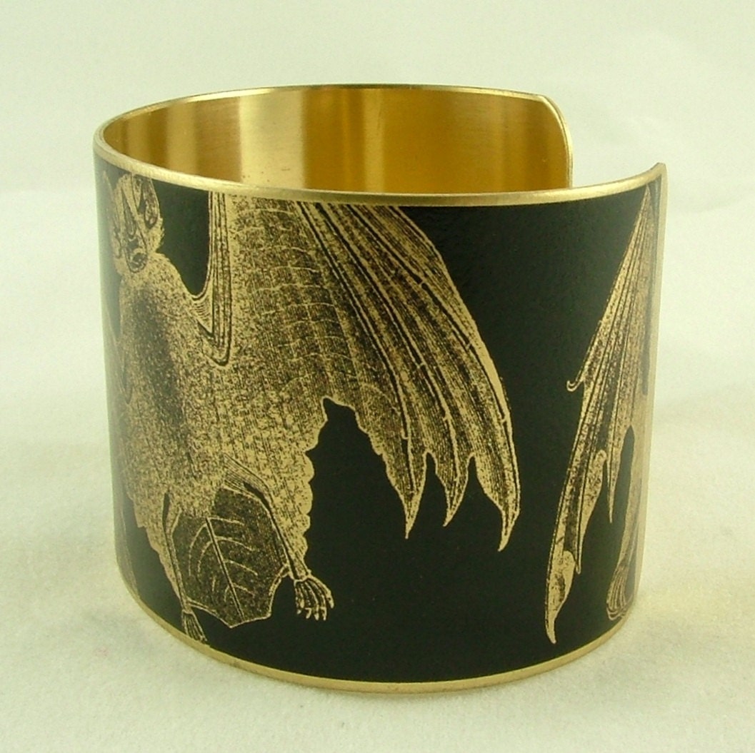 Gothic Vampire Bat Jewelry - Anatomical Black Brass Cuff Bracelet