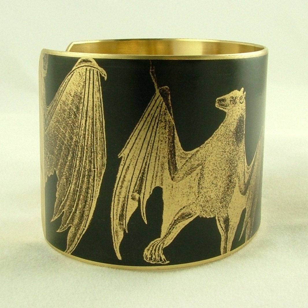 Gothic Vampire Bat Jewelry - Anatomical Black Brass Cuff Bracelet