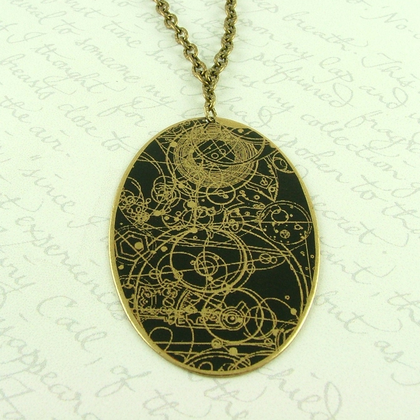 Steampunk Brass Necklace with Gallifreyan Time Lord Symbols in Black