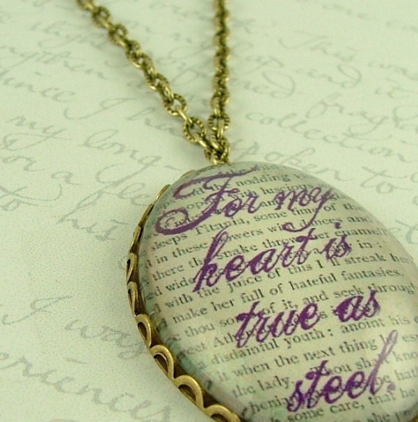 Shakespeare Jewelry - Midsummer Night's Dream Literary Glass Necklace - My Heart Is True As Steel