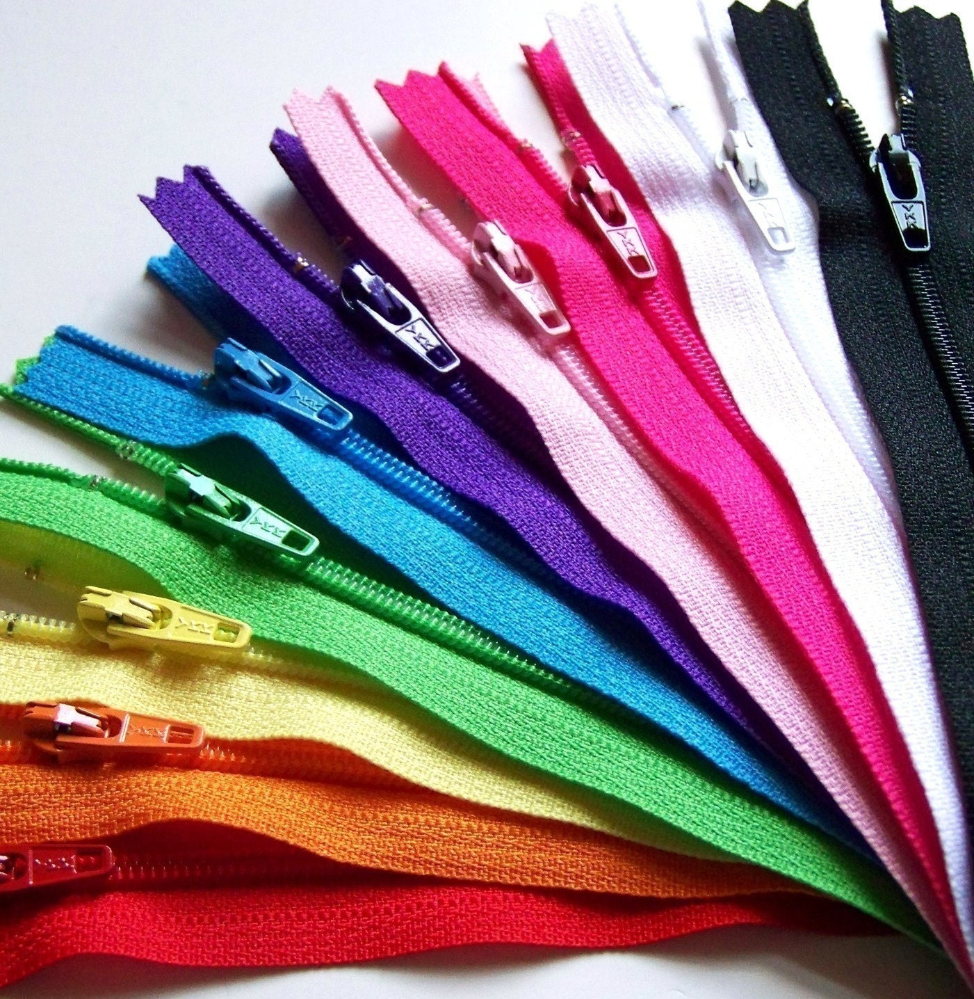 Ten 9 Inch Zippers Rainbow Sampler red orange yellow green blue purple pink black white