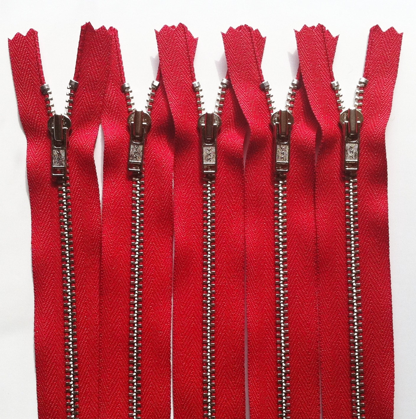 Metal Zippers- 14 inch closed bottom ykk nickel teeth zips- (5) pieces - Red 519