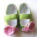 Spring Green Felt Baby Shoes with Giant Hancrafted Pink Rosettes
