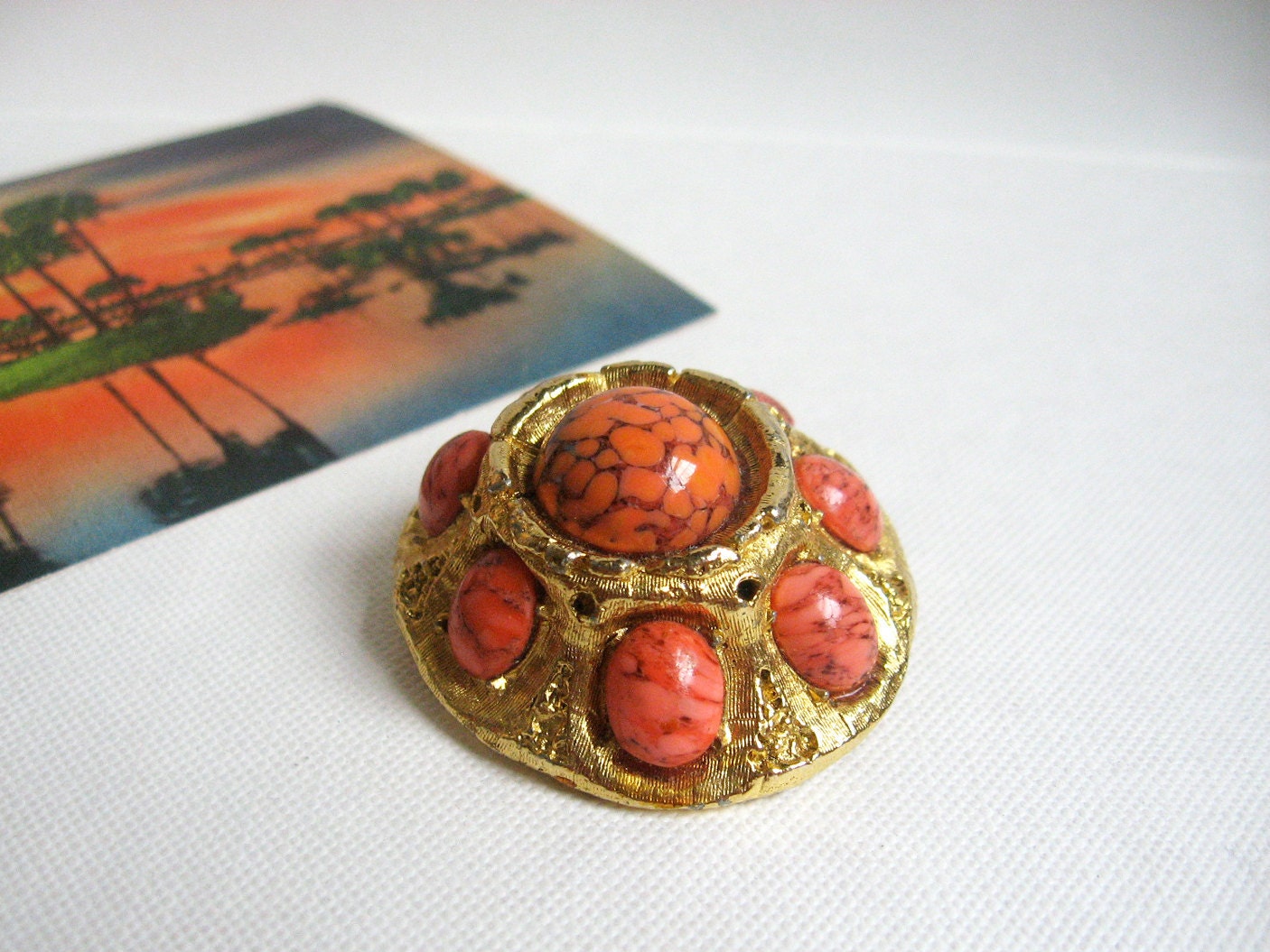 Gold Coral Brooch Lotus Pod Shape Unique 1960s