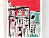 Red, Orange, Turquoise City Houses 8x10 Print of Original Illustration