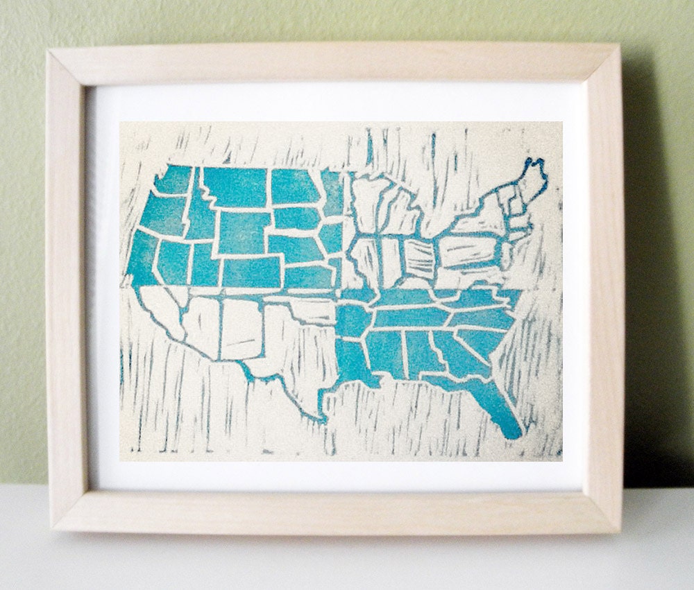 U.S. Map Turquoise Relief Print Original Illustration