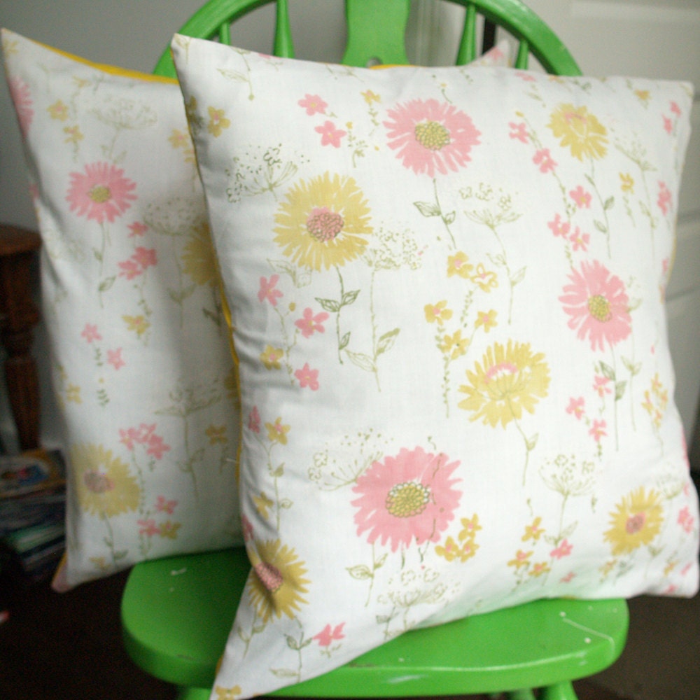 Vintage Pillow Covers - Set of Two vintage looking pillowcases (flowers) 20x20 soft cozy modern young gift under25