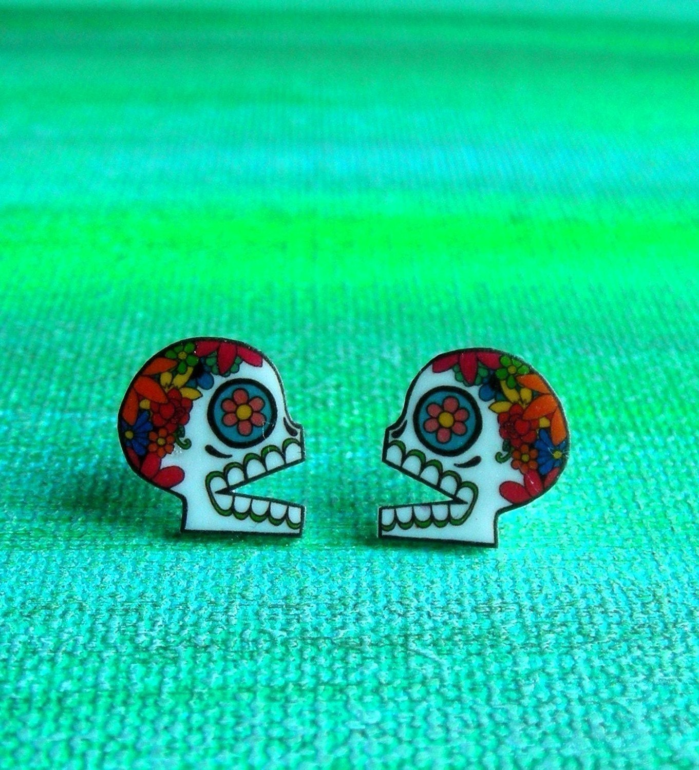 Colorful Sugar Skull Profile Earrings