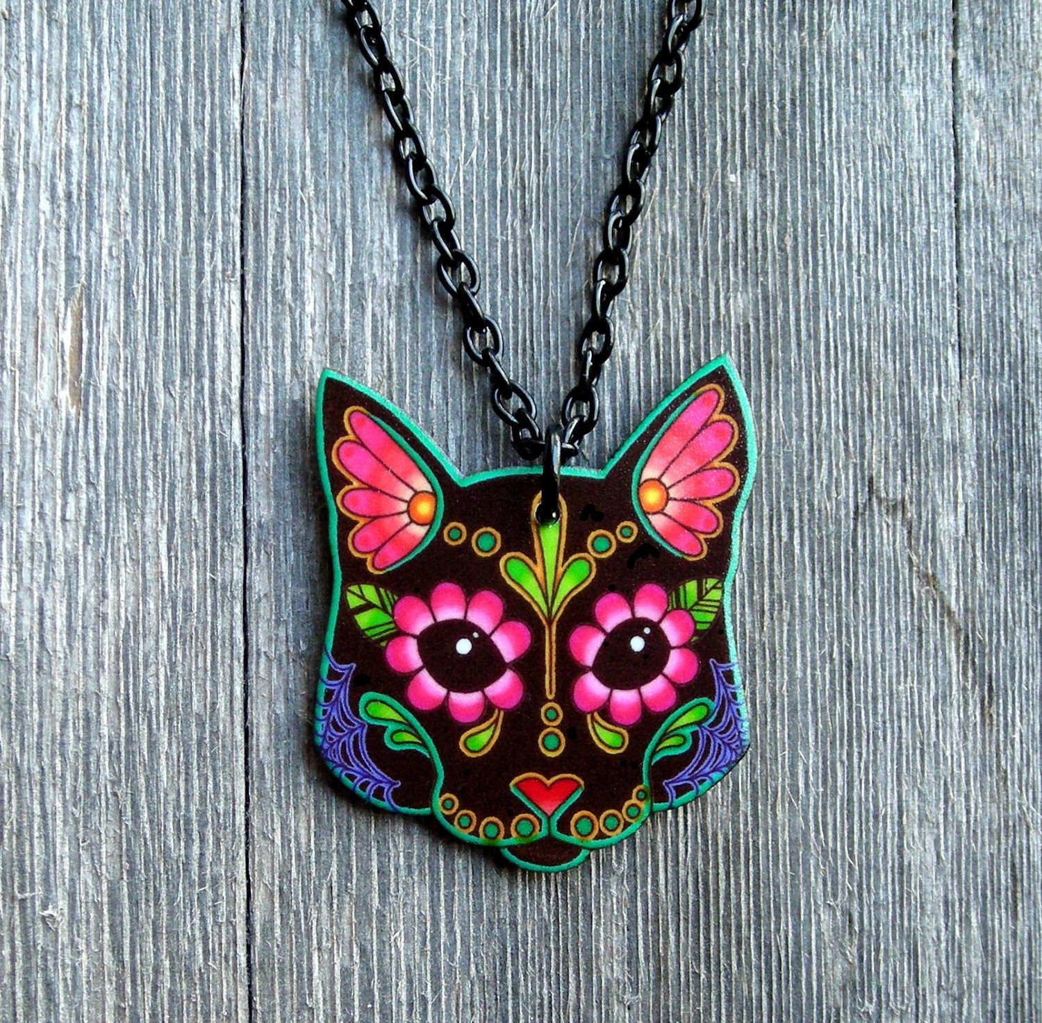 Day of the Dead Black Sugar Skull Kitty Cat Necklace