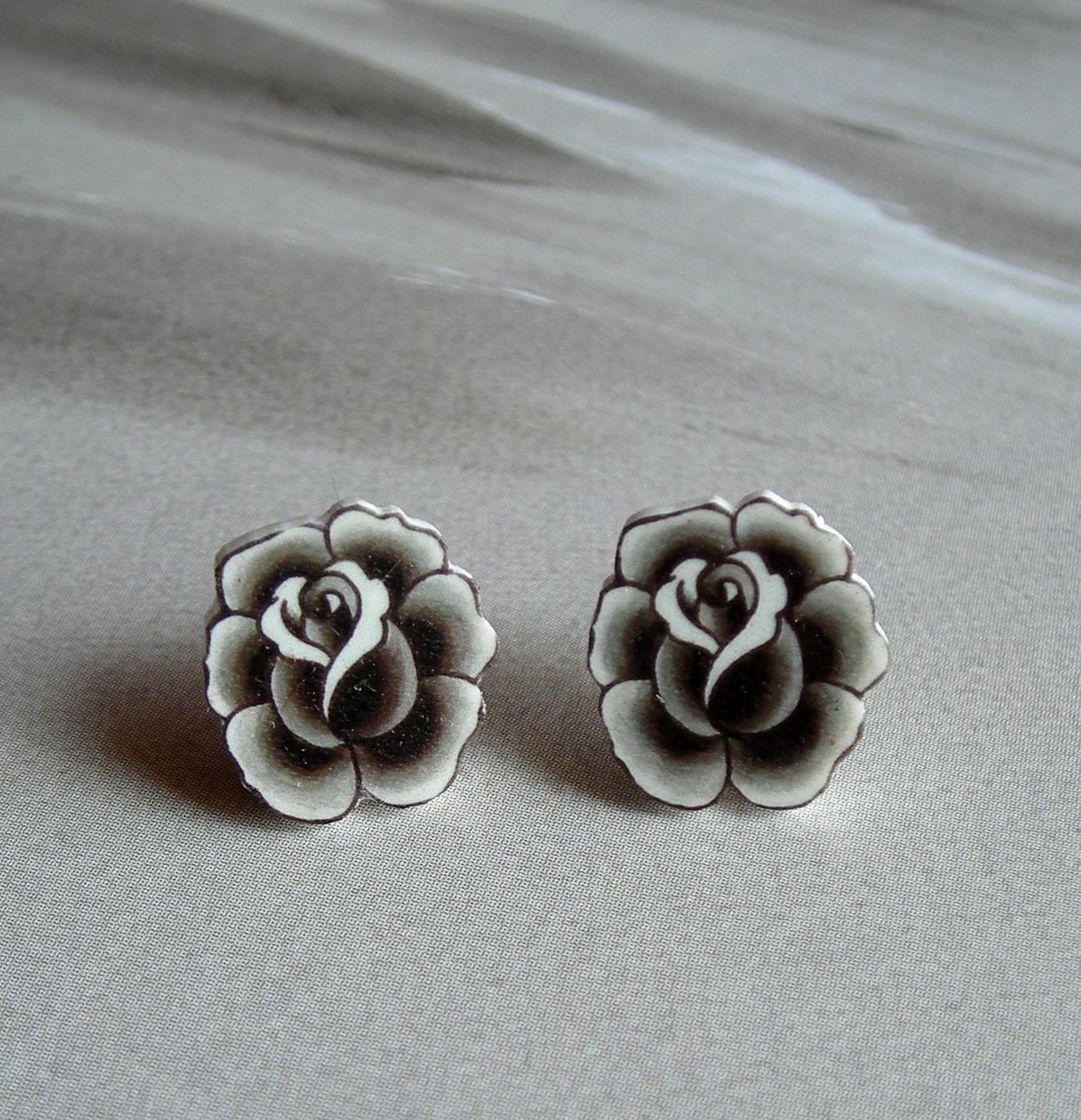 Black and Grey Vintage Tattoo Rose Post Earrings