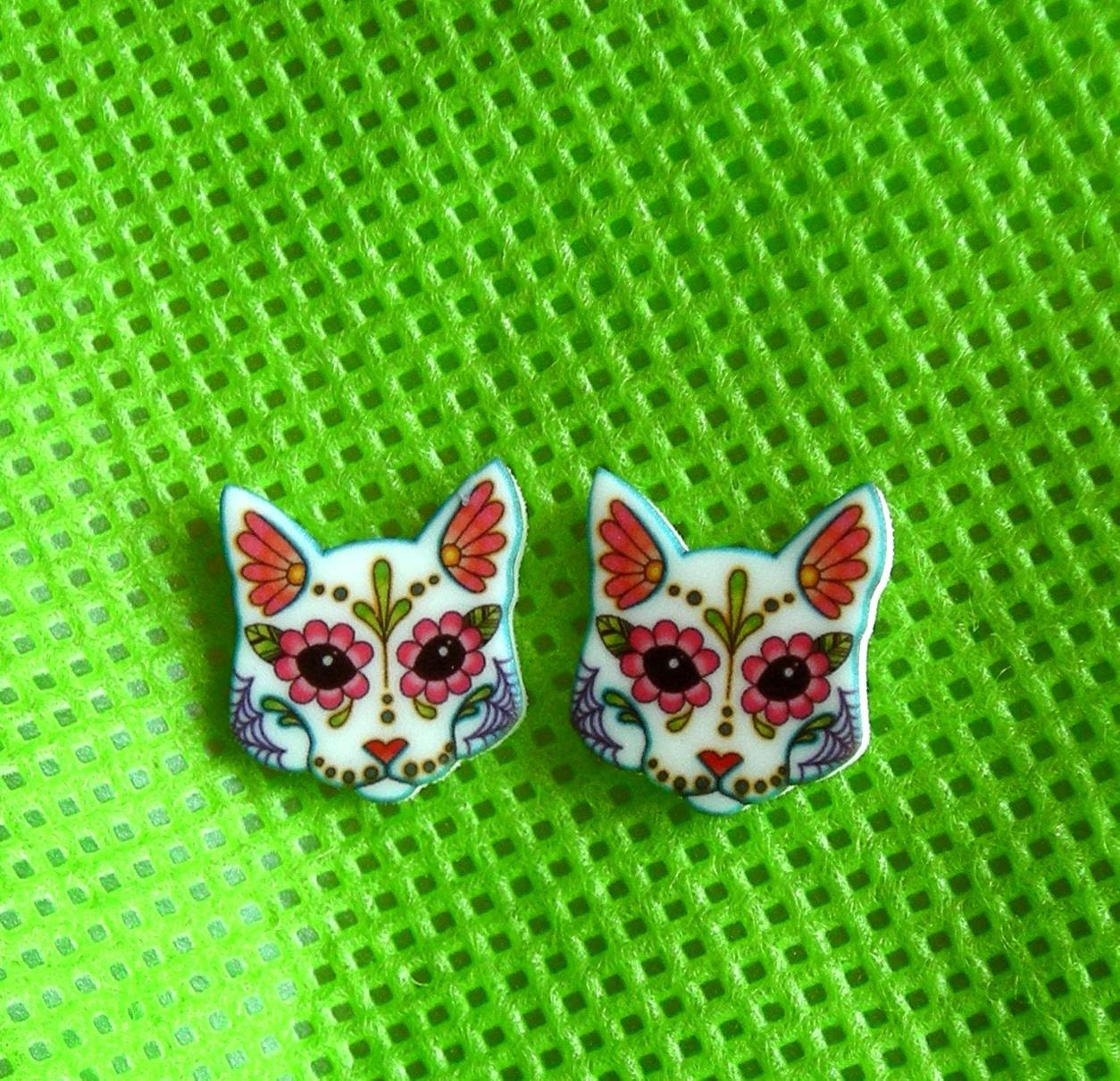 Day of the Dead Sugar Skull Kitty Cat Post Earrings