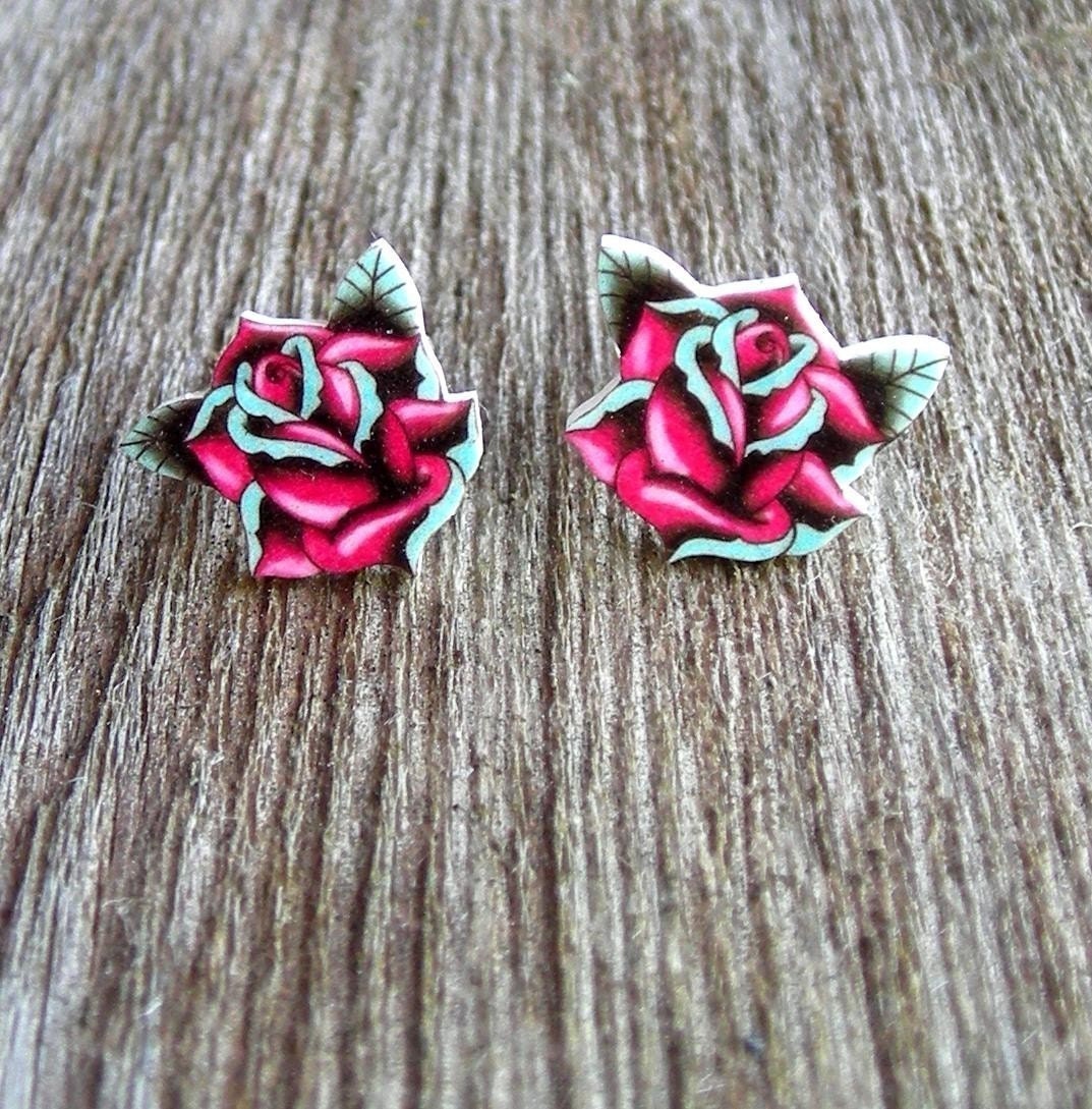 Vintage Tattoo Rose Post Earrings